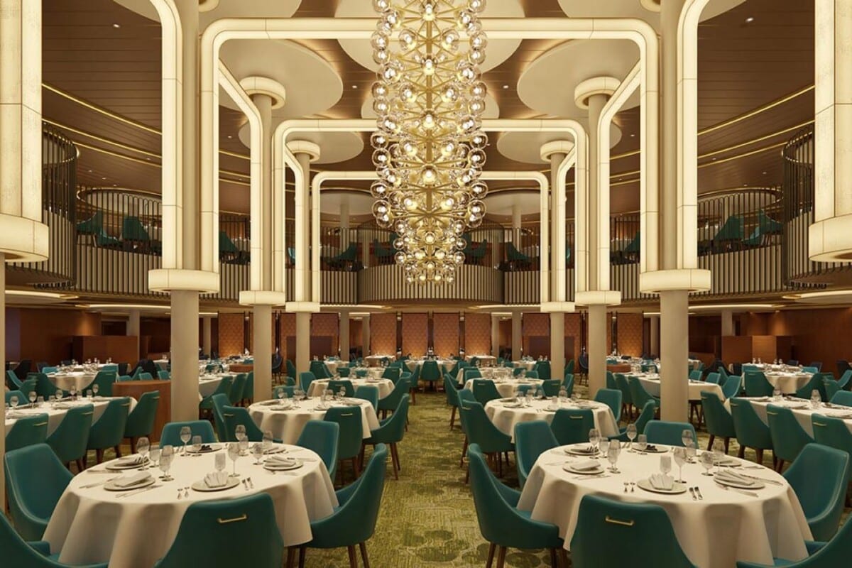 Beautiful chandelier is center peice of main dining room