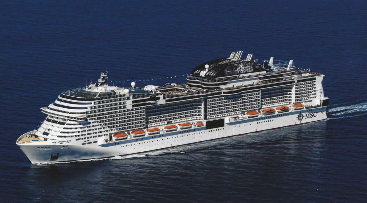 Beautiful cruise ship against a dark blue ocean. MSC Meriviglia
