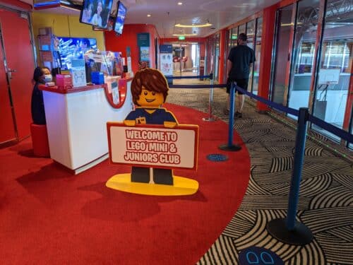 entrance to MSC Kids club. A Lego Figure welcomes the kids to the club. MSC cruise tip: send your kids to the club for some down town for you
