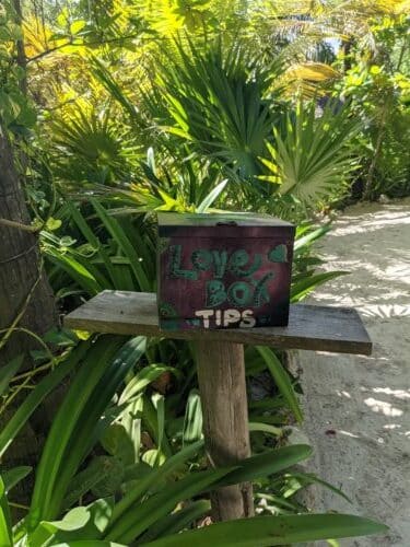 a box with the words Love Box to colleect tips sits in the jungle at Maya Chan Beach