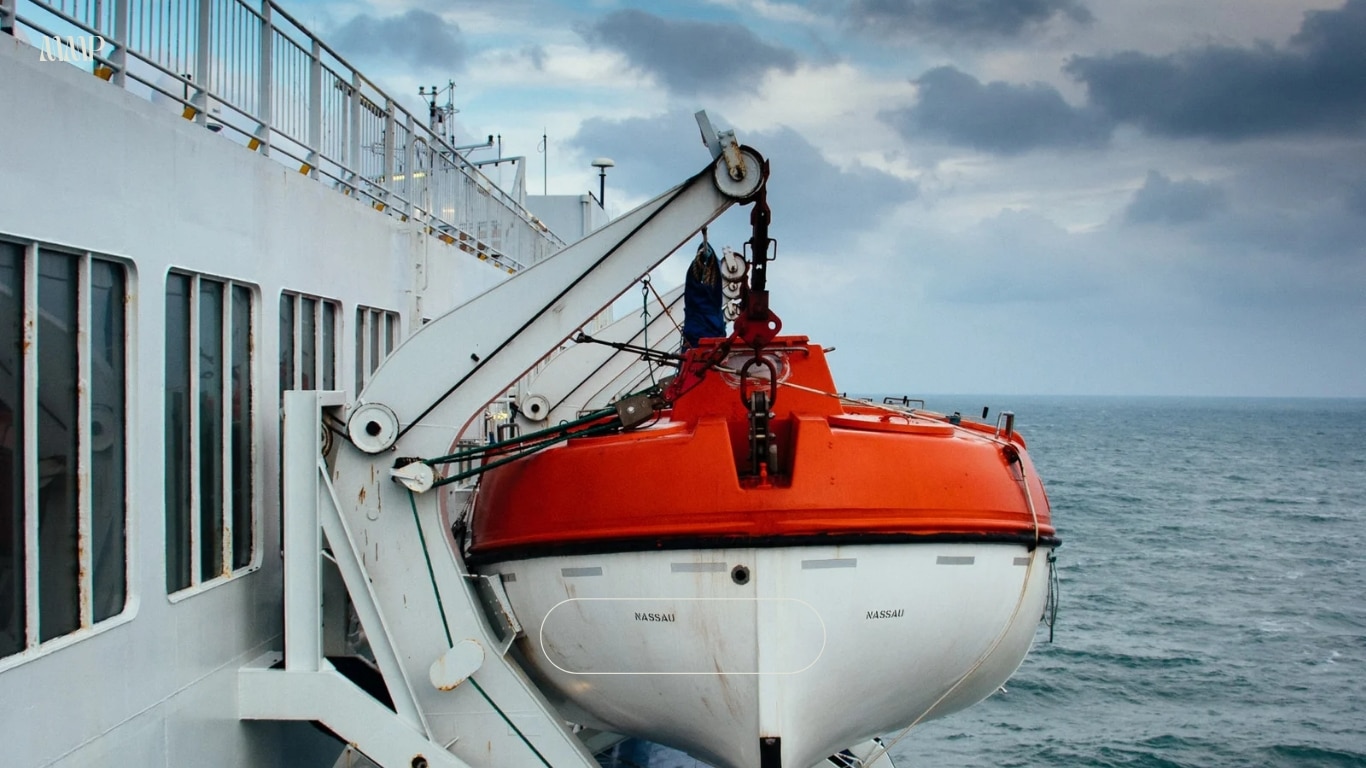 orange and white lifeboat hangs on side of white cruise ship
