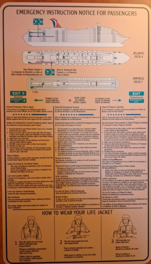 Fire evacuation map on back of cabin door Carnival Freedom