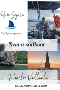 Renta Segura logo, mail with captain hat steering sailboat, Los Arcos and sailboat at sunset