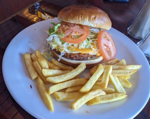 golden french fries on a white dinner plate next to a hamburger bun with lettuce, tomato, melty orange cheese, and a veggie burger from Carnival Deli.
