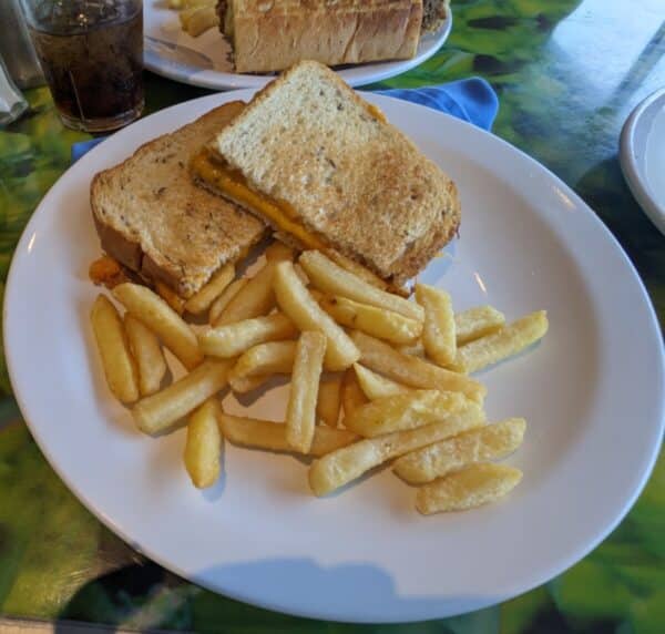 golden french fries with toasted cheese sandwich with ham from the Carnival Deli on Carnival Cruise