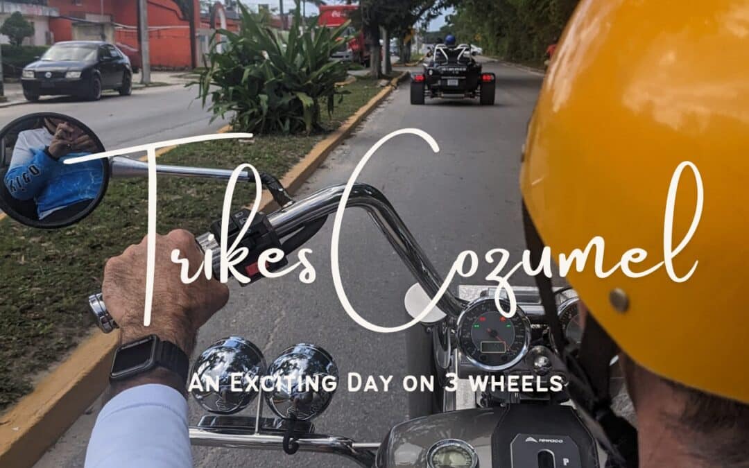 Man in bright yellow helmet drives on trike motorcycle in Cozumel.