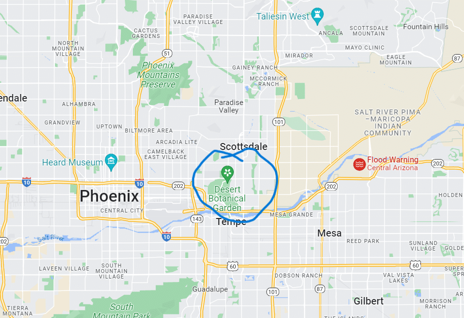 map of the Phoenix area showing the Desert Botanical Garden circled.