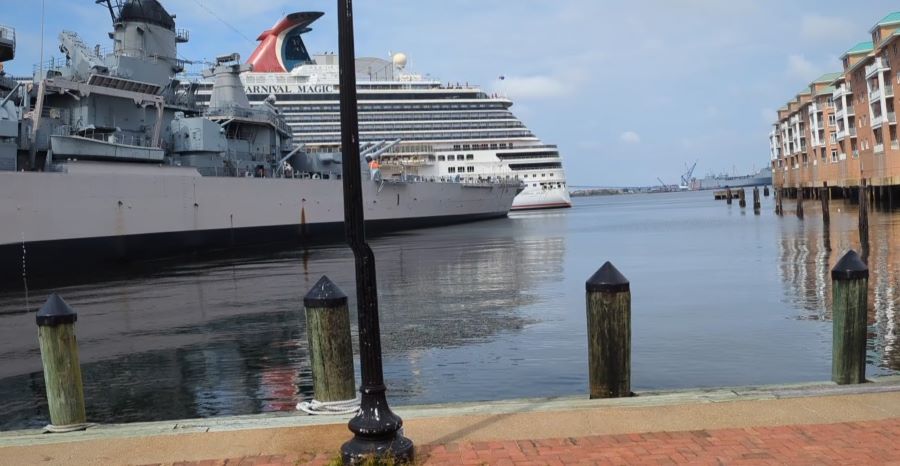 Carnival Magic docks next to a Navy ship in her homeport of Norfolk,VA