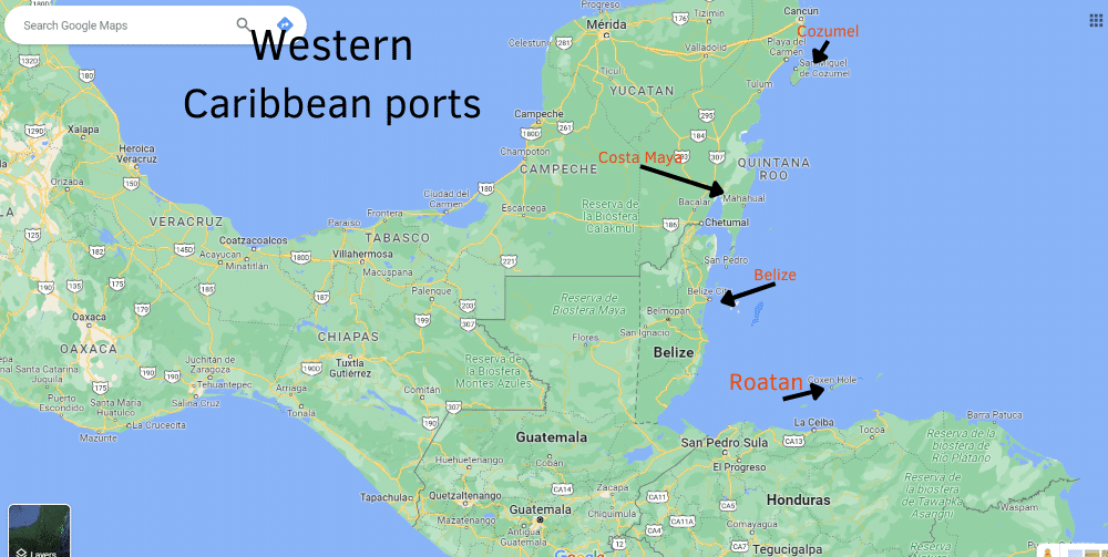 Map showing 4 western caribbean port stops very common on Carnival Cruises.