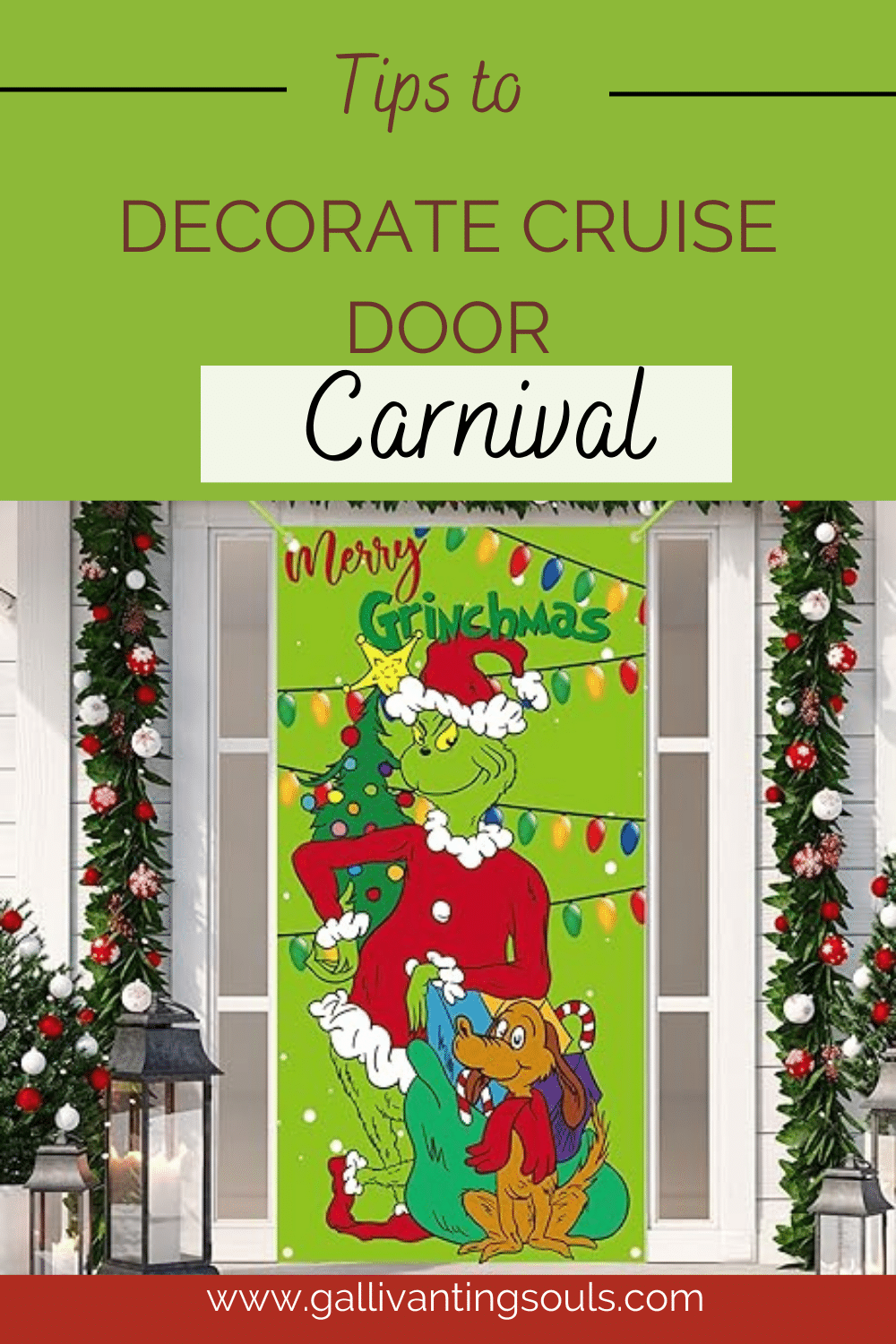 An inexpensive plastic door decoration found on Amazon is shown as an idea of something to decorate your cabin door on Carnival