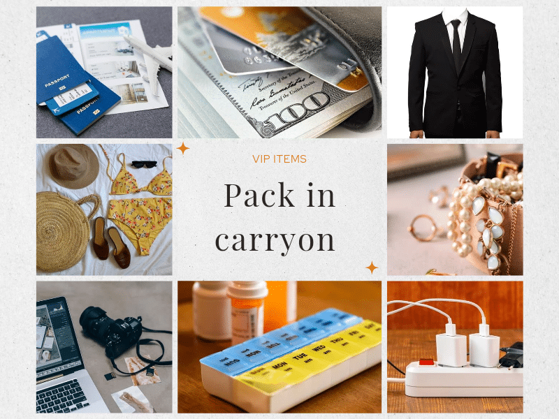 Pack RXs, cash, credit cards, passports and important documents, essential outfits like business ware and bathing suits, charge cords, and electronics only in your carryon not checked bag.