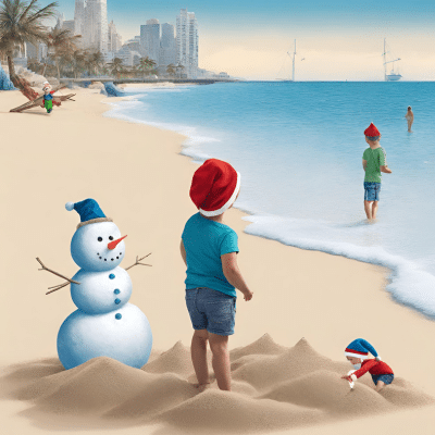boy plays on sandy beach making a snowman made of sand while his elf helps out