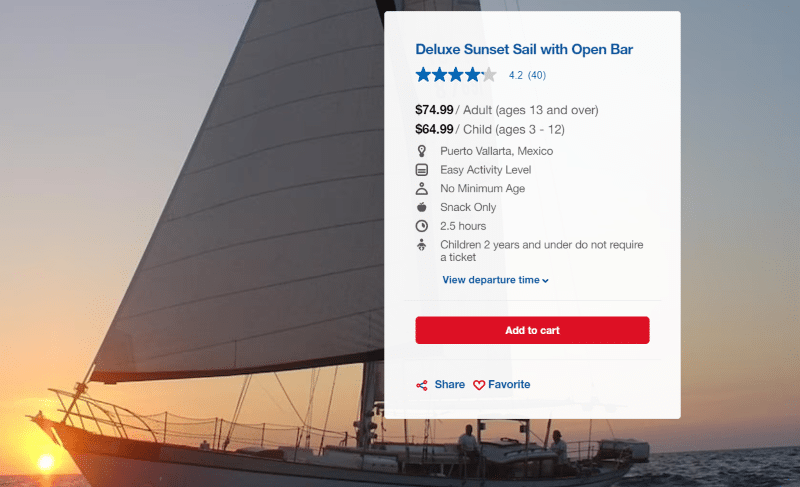 sailboat around sunset Carnival Excursion with pricing.