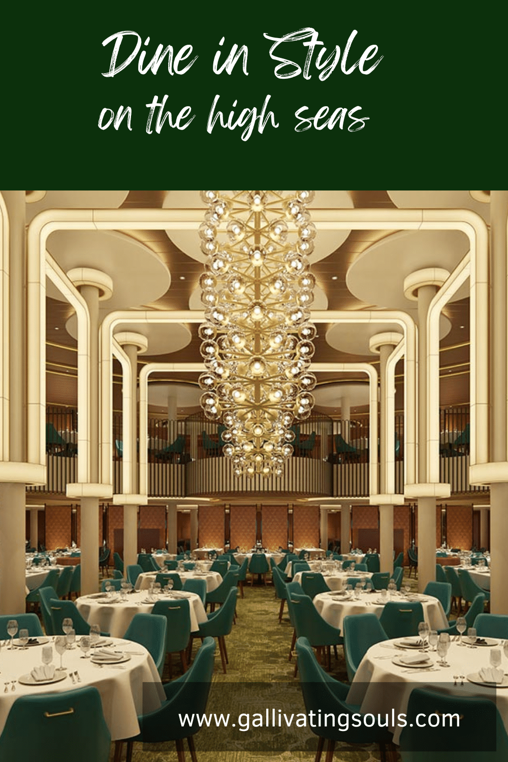 The main dining room on Carnival Mardi Gras, Palm Court is set for elegant night