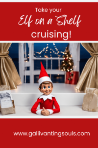 Elfie poses at a backdrop on Elegant night on a cruise