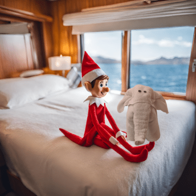 elf on the shelf sits on bed with an elephant towel animal