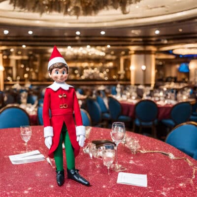 Elf on the Shelf goes to dinner at the Main Dining Room of the cruise