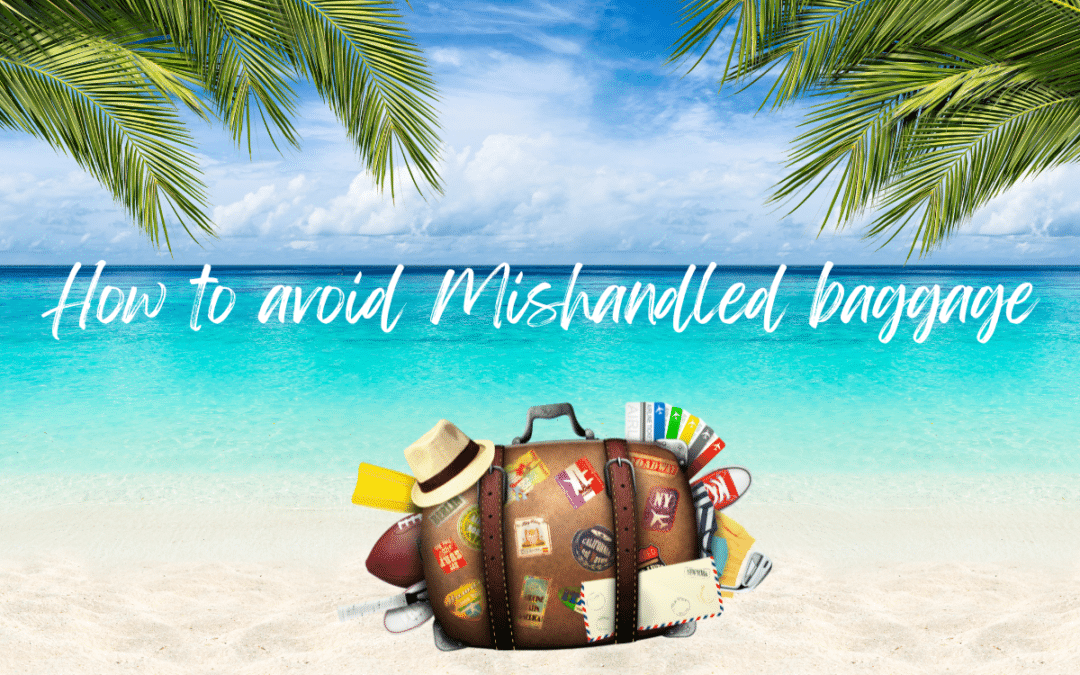 a lost suitcase sits alone on a beach. It's owner is who know's were. Learn how to deal with mishandled baggage on cruises and airplanes
