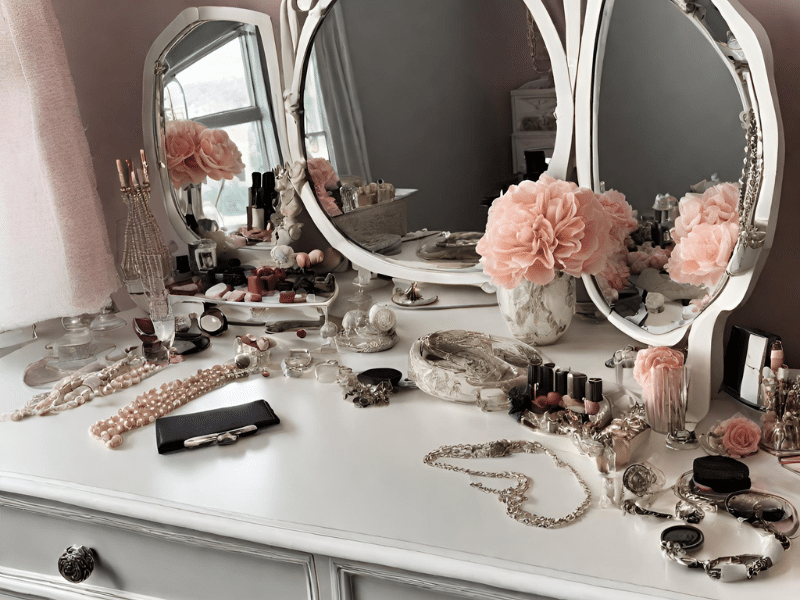 Accessories such as statement necklaces, earrings, and purses sit on a dressing table before packing up for cruise elegant night.