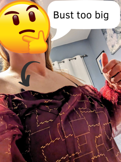 Woman tries on Burgandy dress from Shein where the bust area is too large.