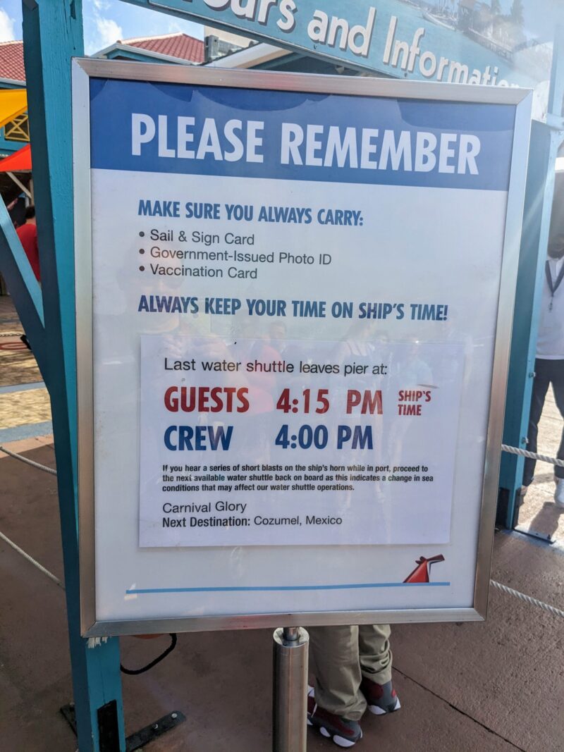 Informational signs before getting off ship
