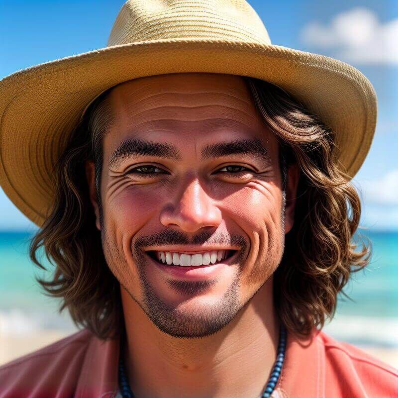 Young Italian man with tan hat and peach colored shirt talking about travel insurance photo created with AI