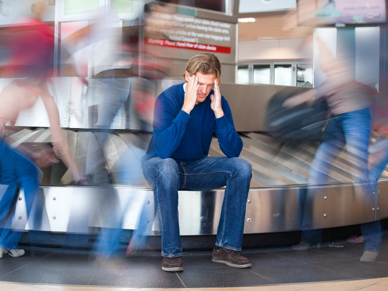 a man sits at baggage claim frustrated his bag is missing