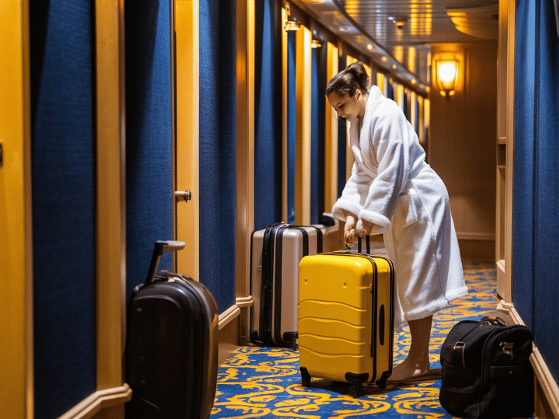 Putting luggage outside of your door on the last night is the first step of disembarkation from your cruise. Image made with the help of AI.