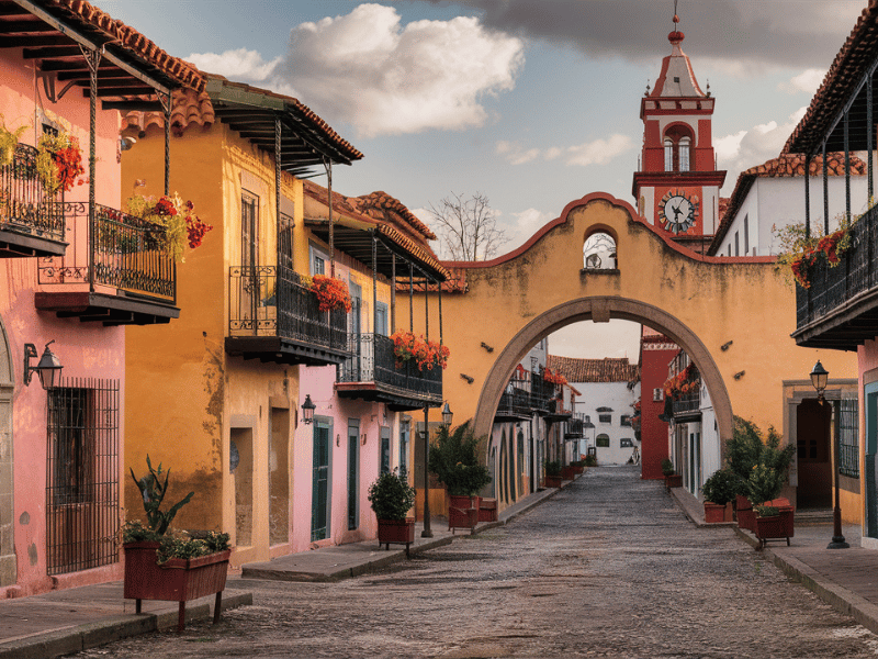 Colonial architecture in a town of Mexico. Image made with AI 