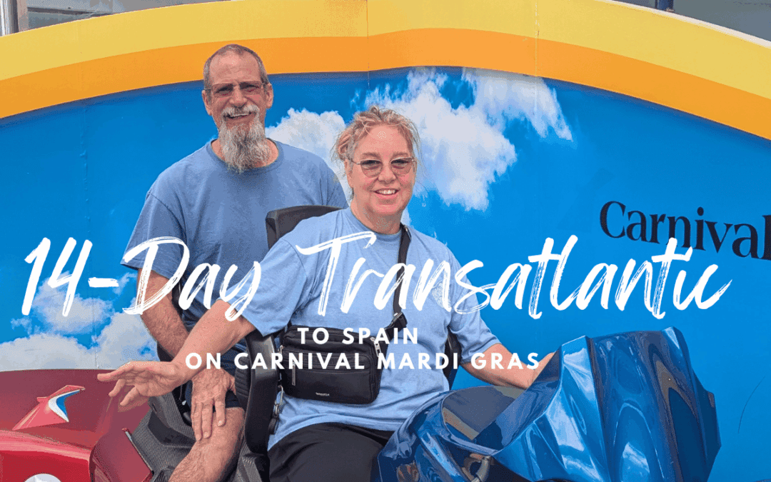Man and woman pose for Bolt Roller Coaster pic on Carnival Mardi Gras Transatlantic cruise to Spain