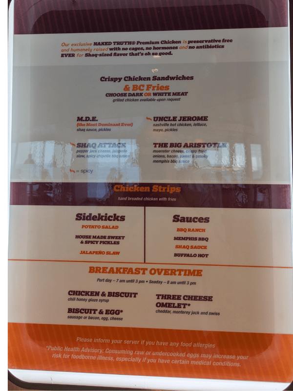 shaqs big chicken menu menu at Shaq's Big Chicken on Carnival Mardi Gras