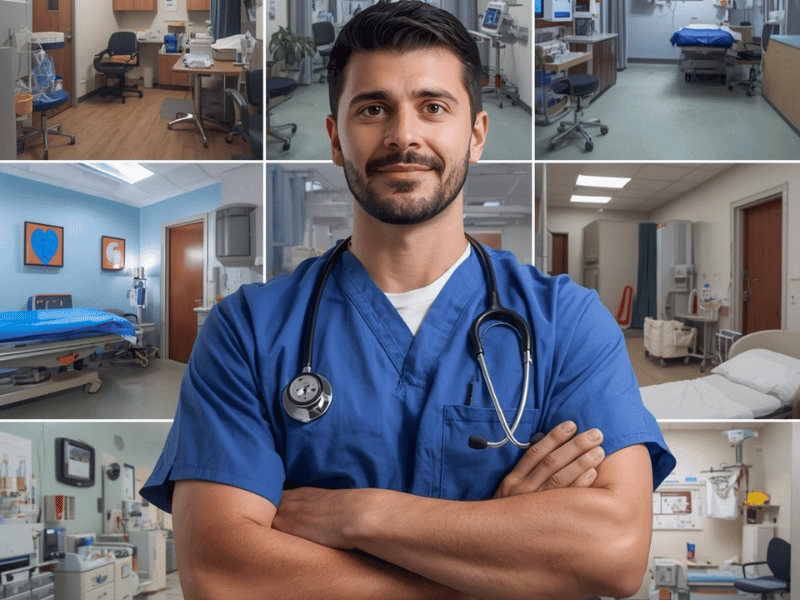 a doctor stands in front of a medical center on a ship. Image made with the help of ai.