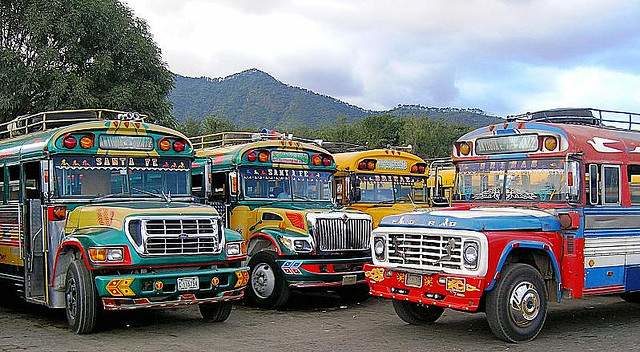 4 retired school buses have been driven to Guatemal and are now Chicken Busses.