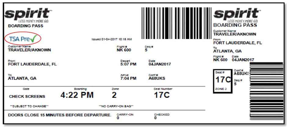 A sample boarding pass showing TSA PreCheck in top left corner